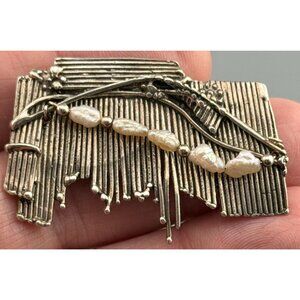 Vintage Sterling Silver Brooch Modernist Brutalist Baroque Rice Pearls Abstract